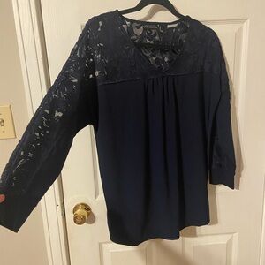 Susan Graver Navy Blue Lace Yoke & Sleeve Blouse